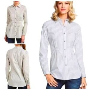 Cabi Long Sleeve Women's Button Down Shirt Size M Ruched Pinstripe White Blue